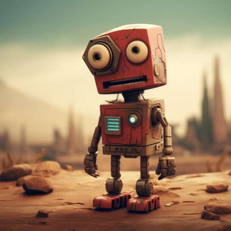 a cartoon robot standing on a rocky surface.の素材