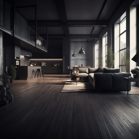 a large room with a large couch and a kitchen.の素材