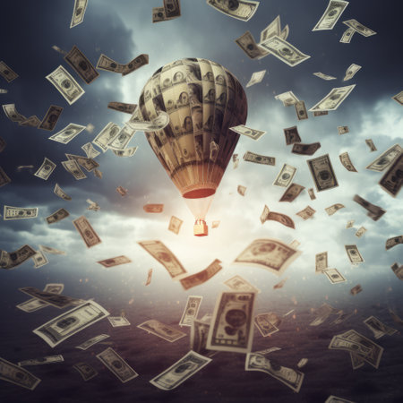 a hot air balloon with money flying in the air.の素材