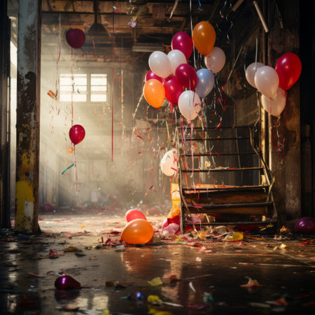 balloons in a room with stairs and confetti.の素材