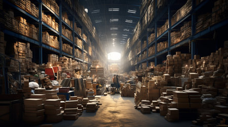 a man standing in a warehouse.の素材