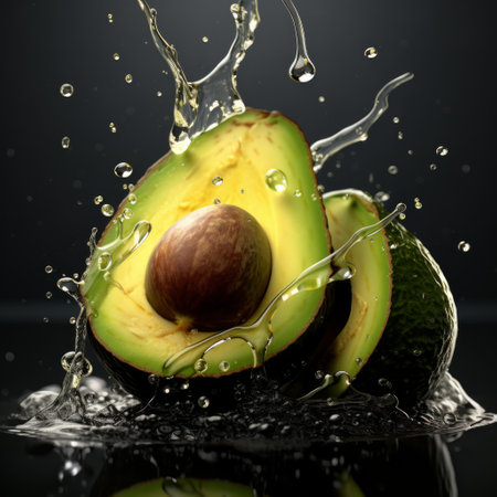 avocado cut in half with water splashing.の素材