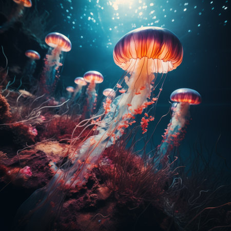 jellyfish under water with light shining through the water.の素材