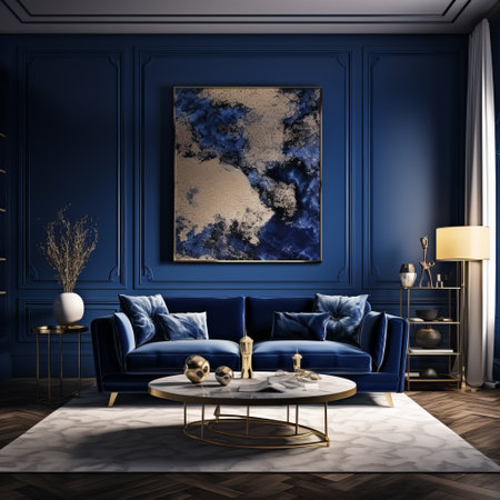 a blue living room with a blue couch and a coffee table.の素材