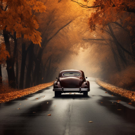 a car on a road with trees in the background.の素材