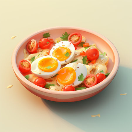 a bowl of food with eggs and tomatoes.の素材