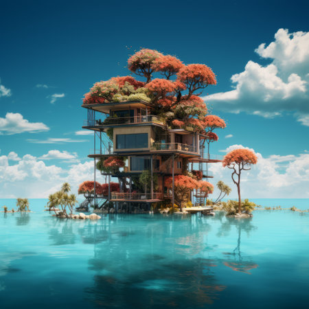 a building with trees on the water.の素材