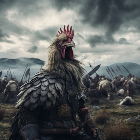 a chicken in armor with people in the background.の素材