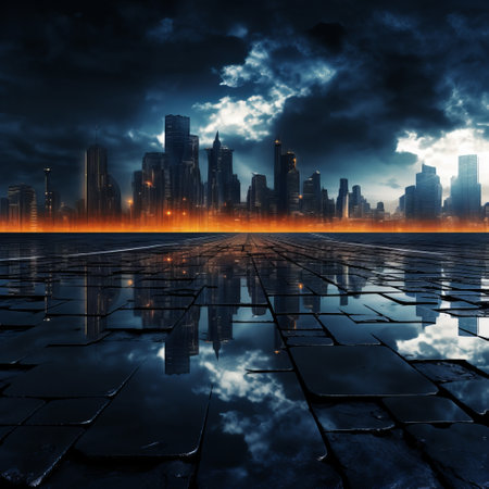 a city skyline with a reflection of a fire and clouds.の素材