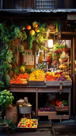 a fruit stand with many different types of fruits.の素材