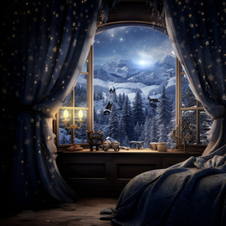 a window with curtains and a bed and a snowy mountain view.の素材
