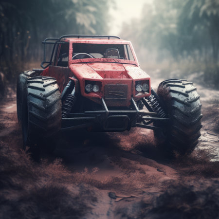 a red car with large tires on a dirt road.の素材