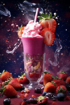 a pink milkshake with strawberries and strawberries.の素材
