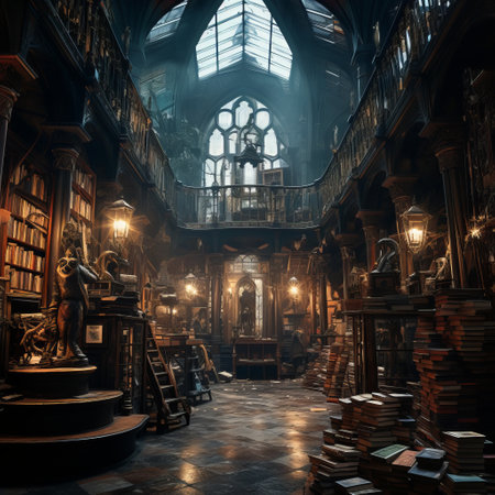 a large room with books and a large window.の素材