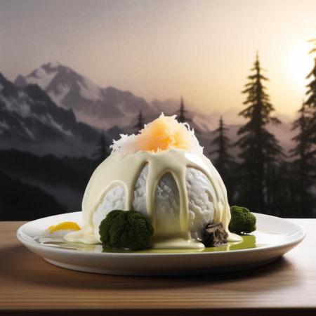 a plate of food with a mountain in the background.の素材