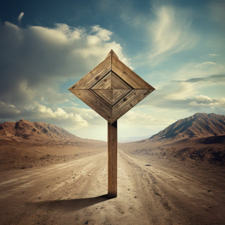a wooden sign in a desert.の素材