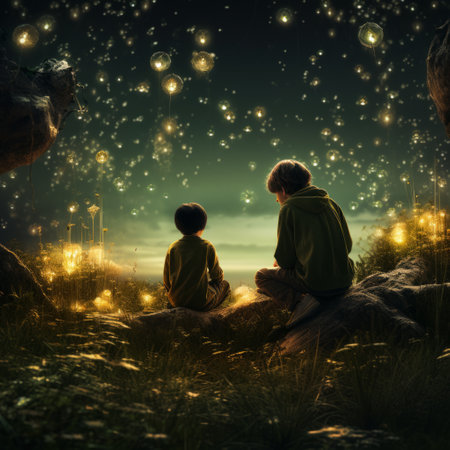 two people sitting on a rock looking at a firework.の素材