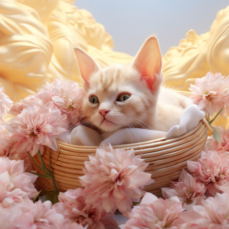 a cat in a basket surrounded by flowers.の素材