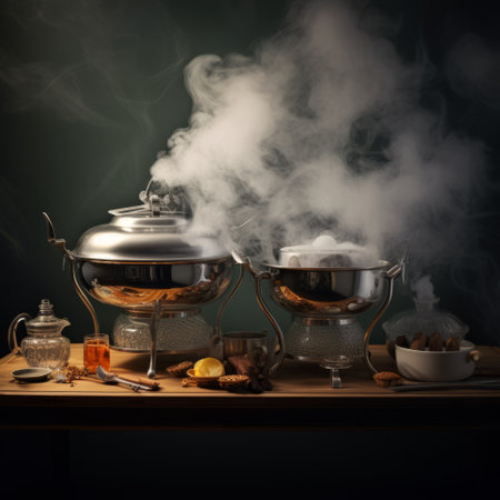 a group of silver containers with steam coming out of them.の素材