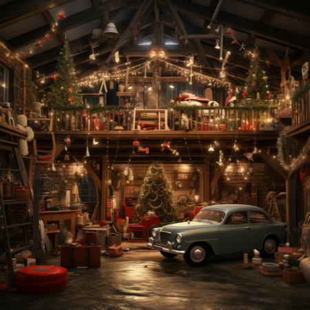 a garage with a car and Christmas tree.の素材