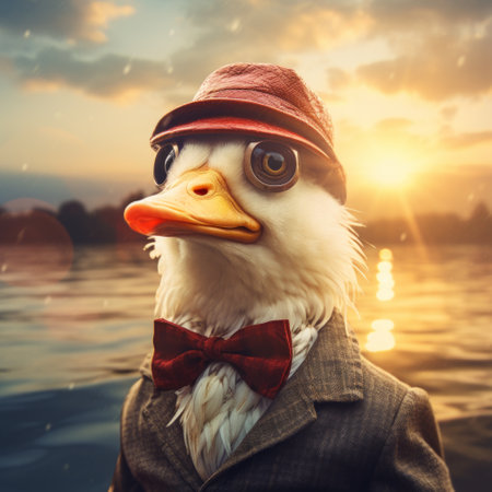 a duck wearing a suit and hat.の素材