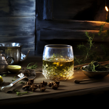 a glass of liquid on a table.の素材