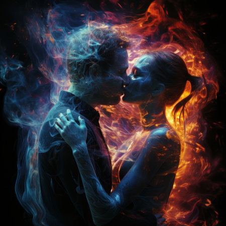 a man and woman kissing in fire.の素材