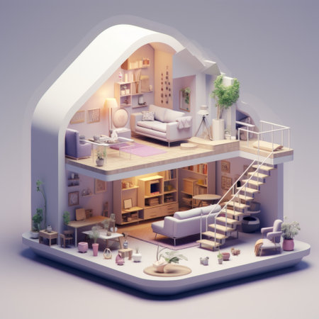 a house cut out with a living room and a staircase.の素材