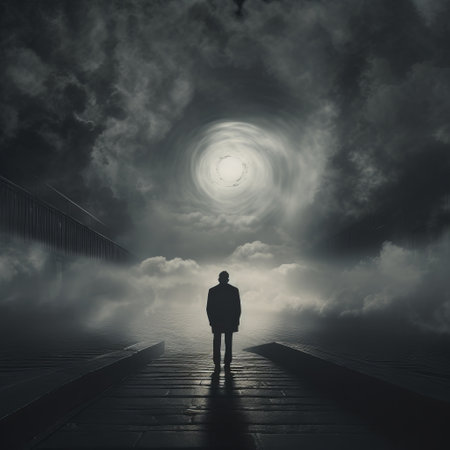 a person standing on a path in the fog.の素材