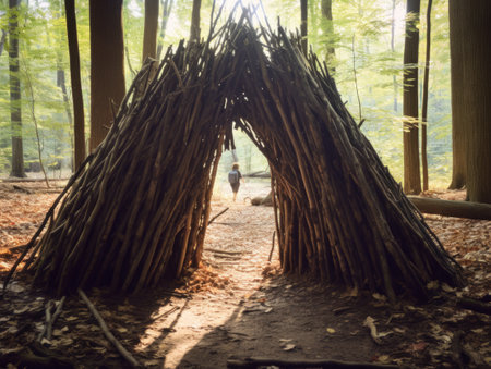 a person standing in a teepee made of sticks.の素材