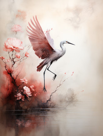 a painting of a bird flying over water.の素材
