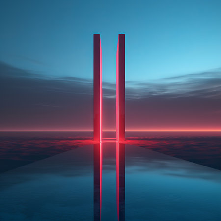 a red light on a reflective surface.の素材