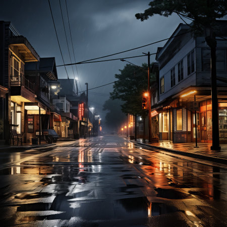 a wet street with buildings and street lights at night.の素材