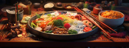 a plate of food on a table.の素材