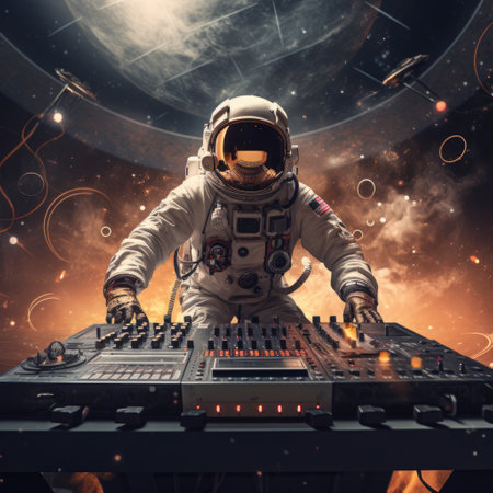 an astronaut in an astronaut suit playing music.の素材