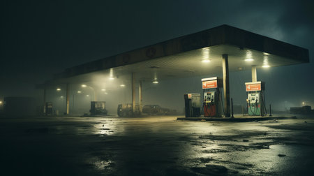 a gas station with cars in the fog.の素材