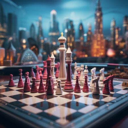 a chess board with a chess piece in front of a city.の素材