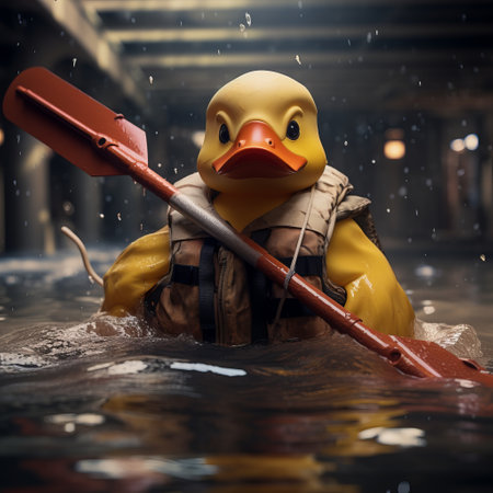 a duck in a life jacket with a paddle in the water.の素材