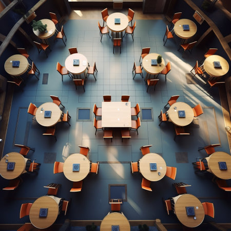 a group of tables and chairs in a room.の素材