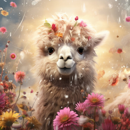 a llama in a field of flowers.の素材