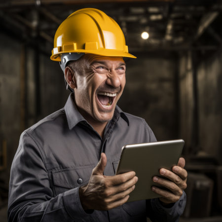a man wearing a hard hat and holding a tablet.の素材