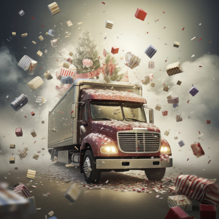 a truck with a christmas tree and presents flying around.の素材