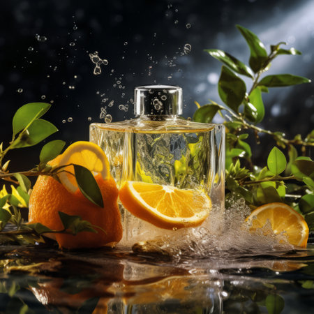 a bottle of perfume with oranges and leaves.の素材