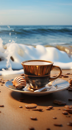 a cup of coffee on a plate with a seashell on it.の素材