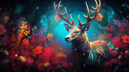 a digital art of a deer in a forest.の素材