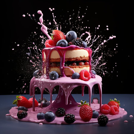 a cake with fruit on top and a splash of pink liquid.の素材
