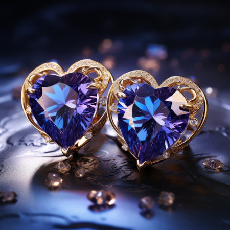 a pair of blue and purple heart shaped earrings.の素材
