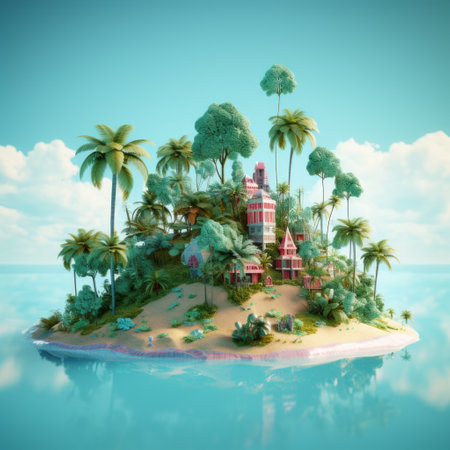 a small island with buildings and palm trees.の素材