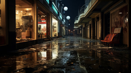 a wet street with shops and stores on it.の素材