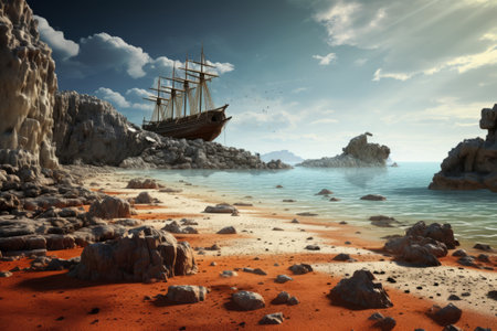 a ship on a rocky beach.の素材